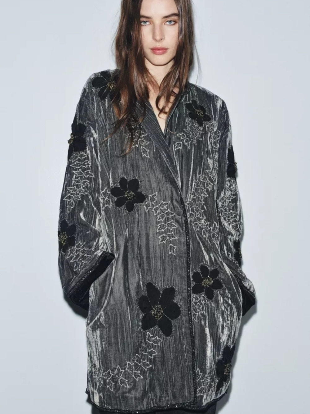 Zara ZW Oversized Black Velvet Floral Embroidered Kimono
